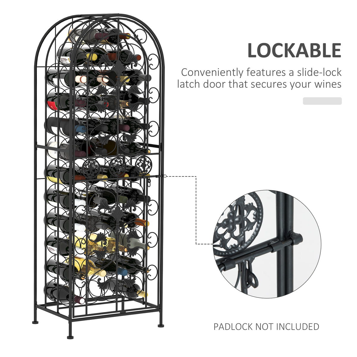 45-Bottle Wine Rack with Locking Door, Black Wrought Iron Freestanding Wine Storage Cabinet for Kitchen, Bar or Dining Room