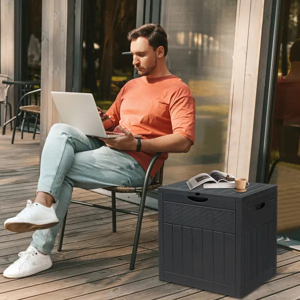 Outdoor Storage Box, 33 Gallon Dark Gray Plastic Deck Box With Wood and Rattan Texture, Clamshell Lid