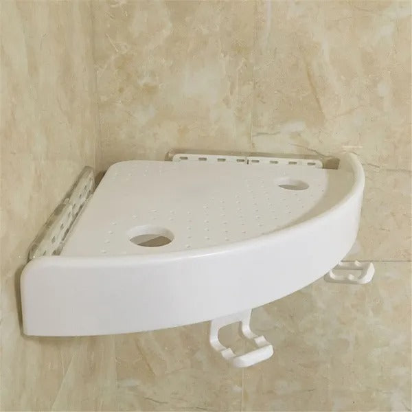 Corner Shower Shelf Organizer, White Plastic Wall Mount Caddy With Hooks and Drain Holes, No Drilling