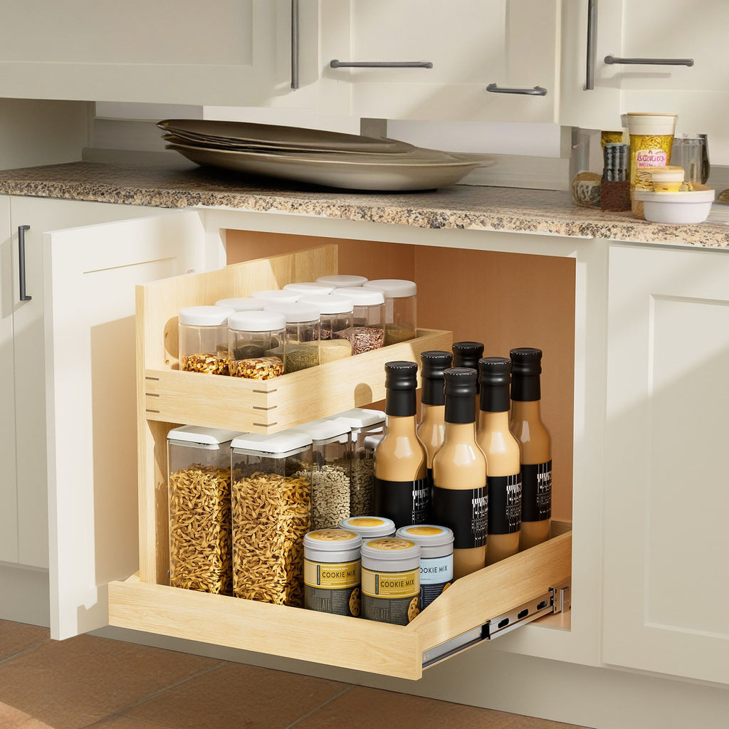Under Sink Organizer, 2 Tier Wood Pull Out Cabinet Shelf With U Bracket, 22-1/2" W x 21" D, Left Opening, Kitchen and Bathroom