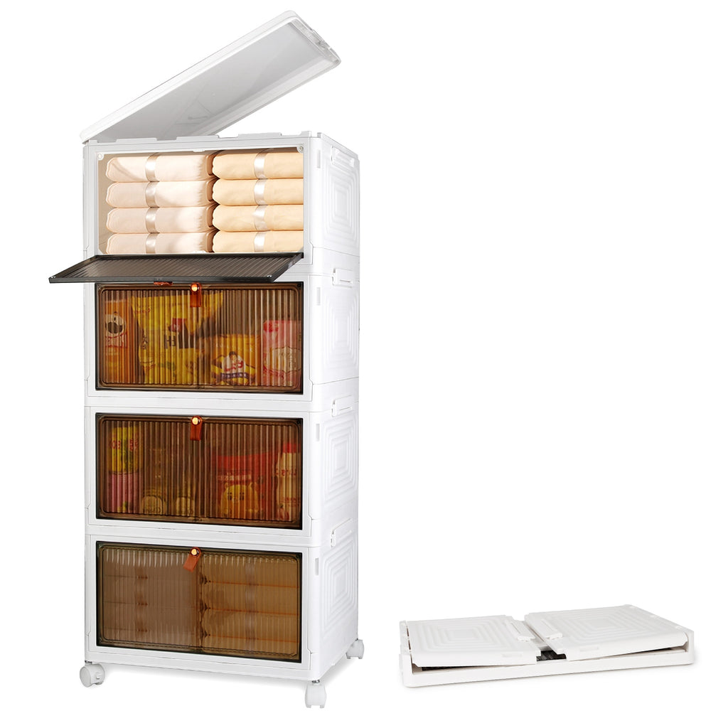 4-Tier Foldable Storage Bins With Magnetic Front Doors and Wheels, Beige Stackable Closet Organizer, 76 or 85.6 Quart