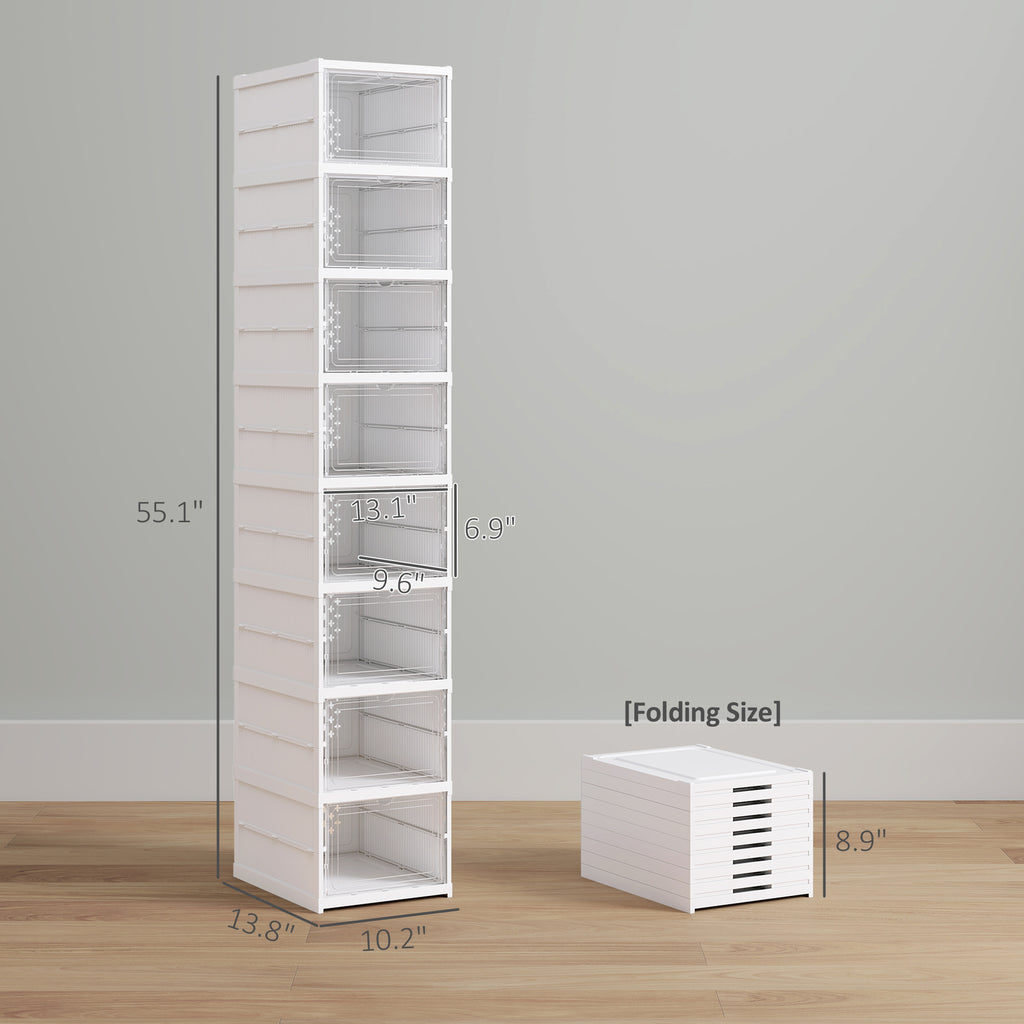 Stackable Shoe Storage Boxes, 8 Pack Foldable Shoe Organizer with Clear Drop Front Door, White, No Assembly, Fits Men's Size 10