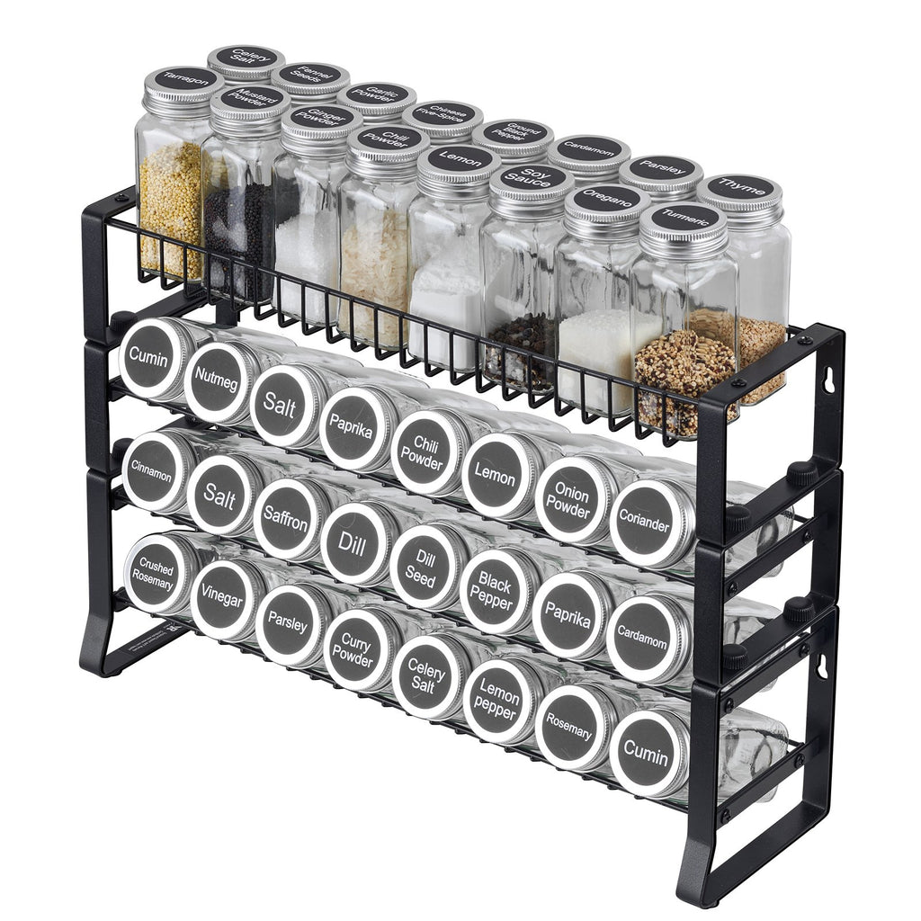Spice Rack Organizer, Black Metal 4-Tier Wall Mount or Countertop Seasoning Shelf, 18 x 11 In
