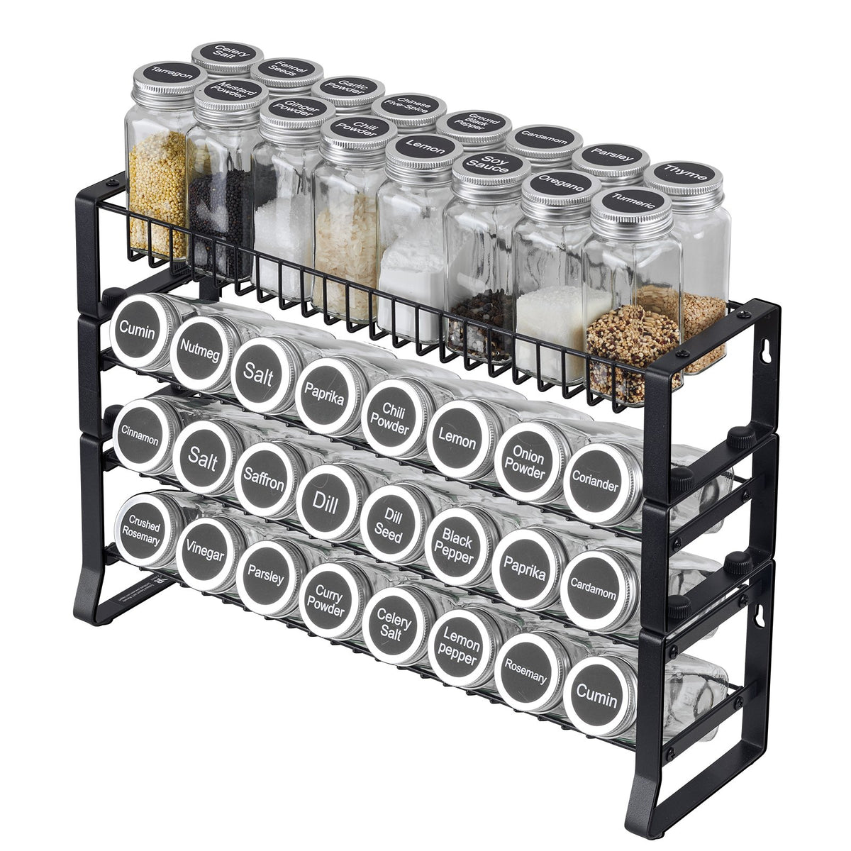 Spice Rack Organizer, Black Metal 4-Tier Wall Mount or Countertop Seasoning Shelf, 18 x 11 In