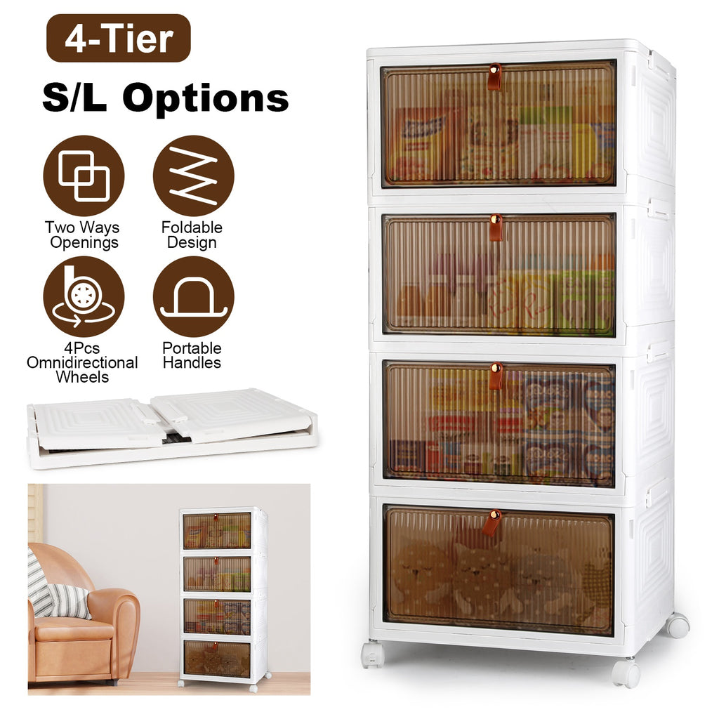 4-Tier Foldable Storage Bins With Magnetic Front Doors and Wheels, Beige Stackable Closet Organizer, 76 or 85.6 Quart