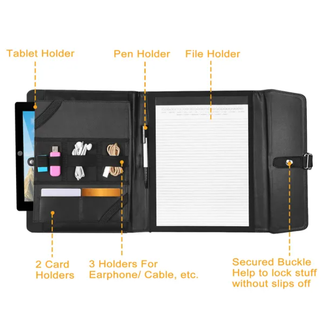 Business Portfolio Folder, Black Leather Document Organizer With Tablet Holder, Pen Loop, Card Slots and File Pocket