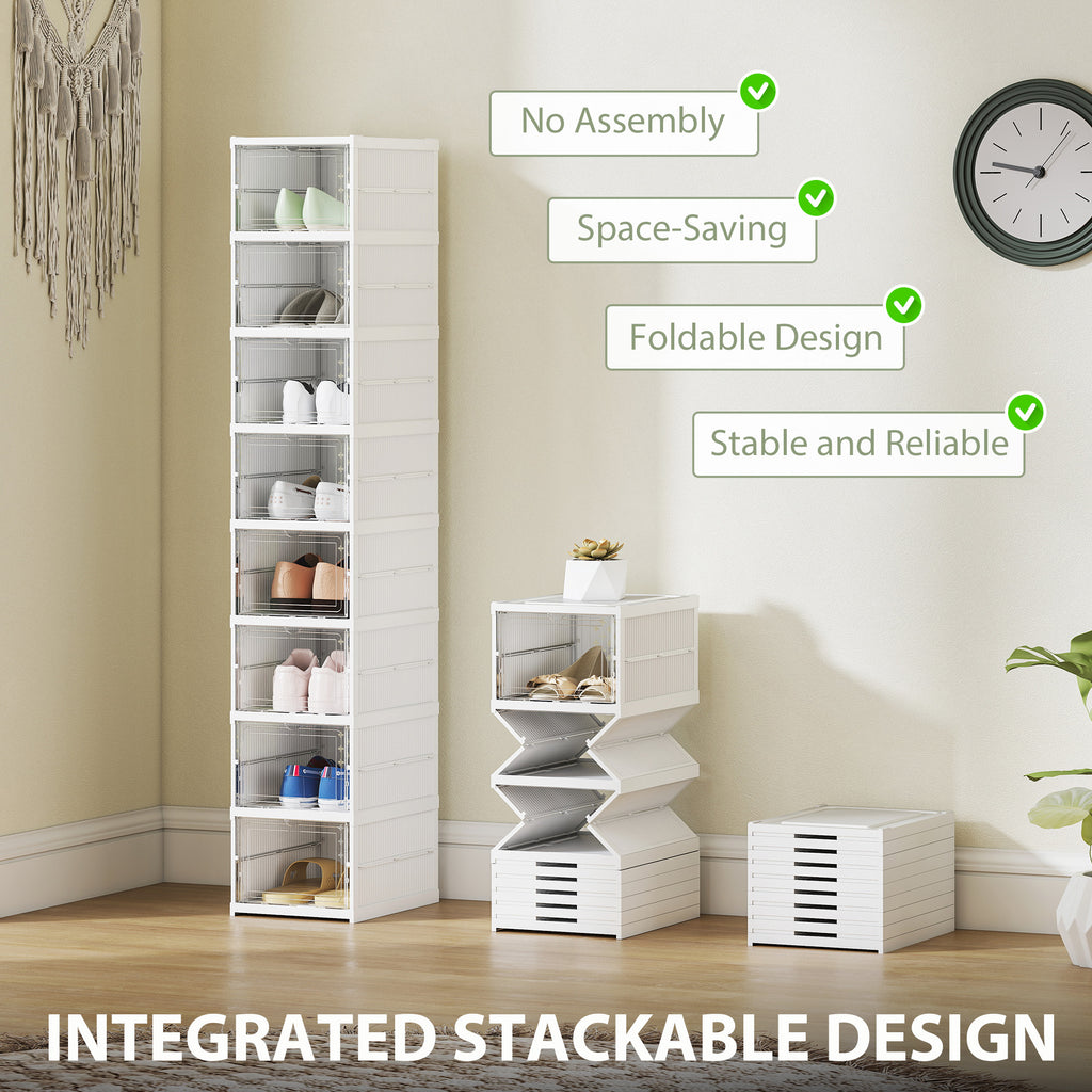 Stackable Shoe Storage Boxes, 8 Pack Foldable Shoe Organizer with Clear Drop Front Door, White, No Assembly, Fits Men's Size 10