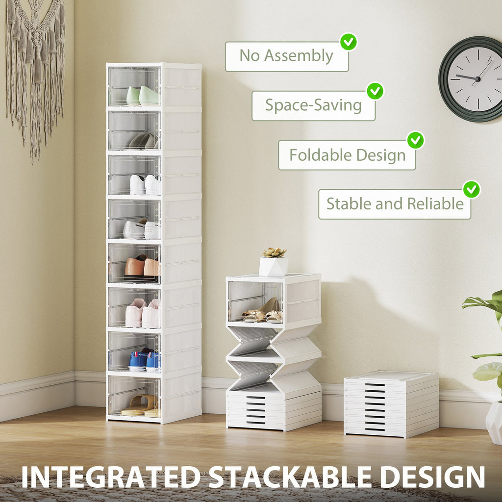 Stackable Shoe Storage Boxes, 8 Pack Foldable Shoe Organizer with Clear Drop Front Door, White, No Assembly, Fits Men's Size 10
