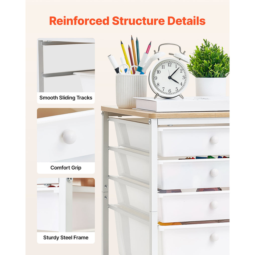 Rolling Cart With 5 Drawers, White Storage Organizer With Wood Top, Steel Frame and Locking Casters for Office, Craft Room and Bedroom