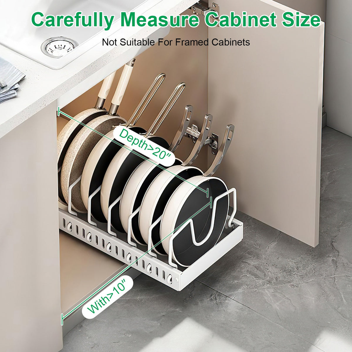 Pull Out Pots and Pans Organizer for Under Cabinet, 8 Adjustable Dividers, Carbon Steel Sliding Cookware and Lid Rack, Black or White