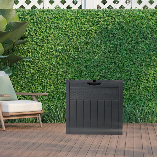 Outdoor Storage Box, 33 Gallon Dark Gray Plastic Deck Box With Wood and Rattan Texture, Clamshell Lid