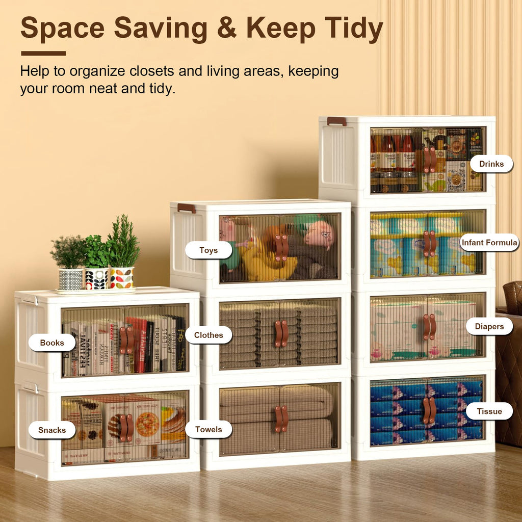Foldable Storage Bins With Lids and Wheels, Set of 3, Beige Plastic Stackable Cubes With Magnetic Front Doors