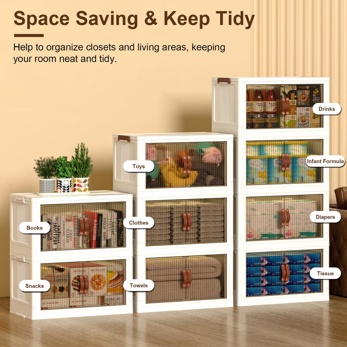 Foldable Storage Bins With Lids and Wheels, Set of 3, Beige Plastic Stackable Cubes With Magnetic Front Doors