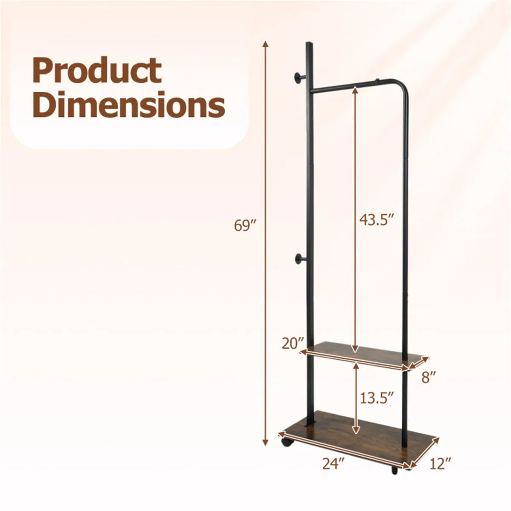 Rolling Clothing Rack with 2 Wooden Shelves and Side Hooks, Freestanding Garment Rack, Rustic Brown and Black, 69 Inch