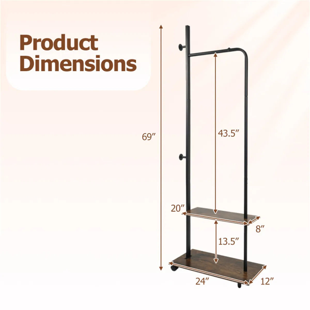 Rolling Clothing Rack with 2 Wooden Shelves and Side Hooks, Freestanding Garment Rack, Rustic Brown and Black, 69 Inch