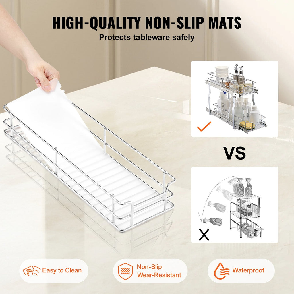 2-Tier Pull Out Cabinet Organizer, Silver Chrome Wire Under Sink Slide Out Basket With Dividers and Non-Slip Mats, 8.5" W x 21" D x 15" H