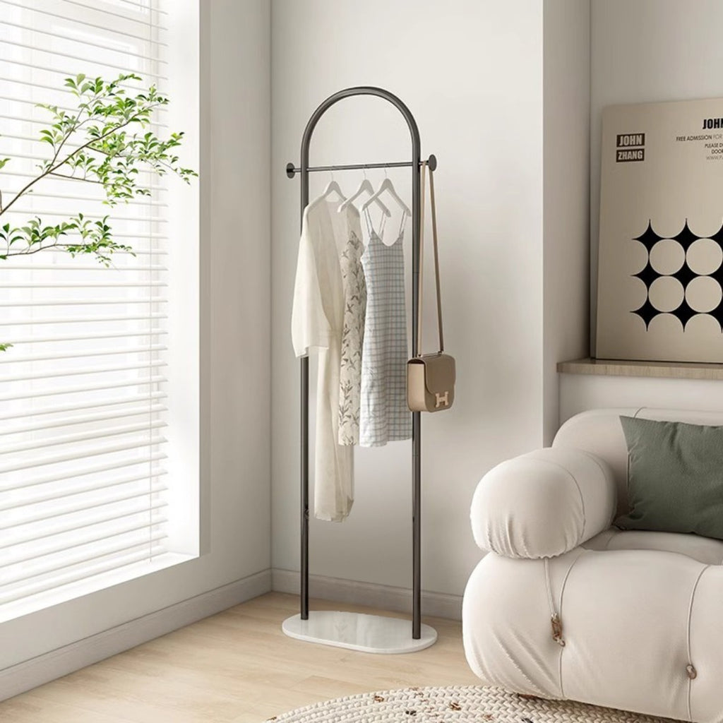 Freestanding Clothes Rack With Marble Base, Metal Garment Rack With 2 Side Hooks for Bedroom and Entryway
