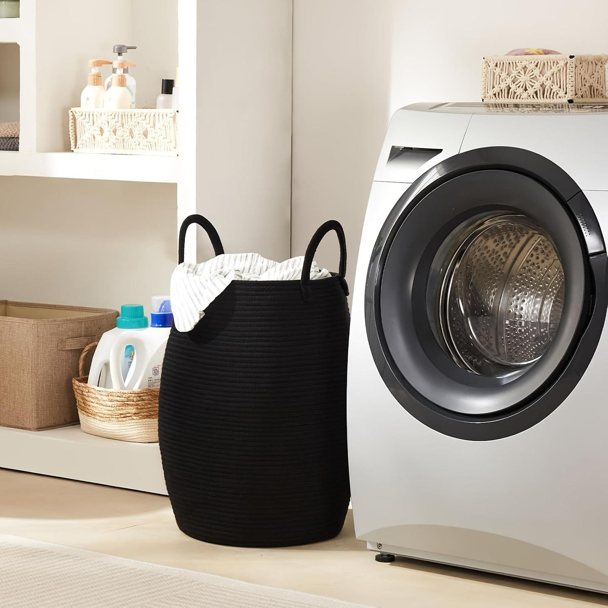 Tall Woven Laundry Hamper With Extended Handles, 22 Inch Foldable Clothes Basket for Bedroom and Bathroom, Black, Brown, White