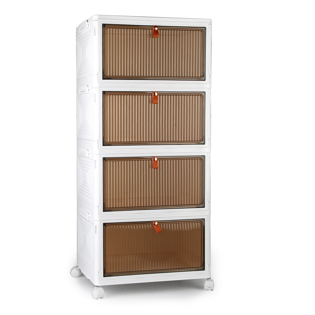 4-Tier Foldable Storage Bins With Magnetic Front Doors and Wheels, Beige Stackable Closet Organizer, 76 or 85.6 Quart