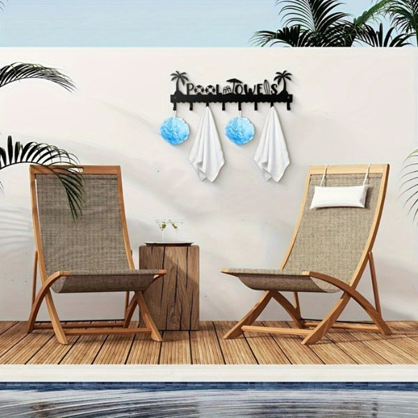 Pool Towel Rack With 8 Hooks, Wall Mounted Black Metal Towel Holder for Bathroom, Poolside, and Spa
