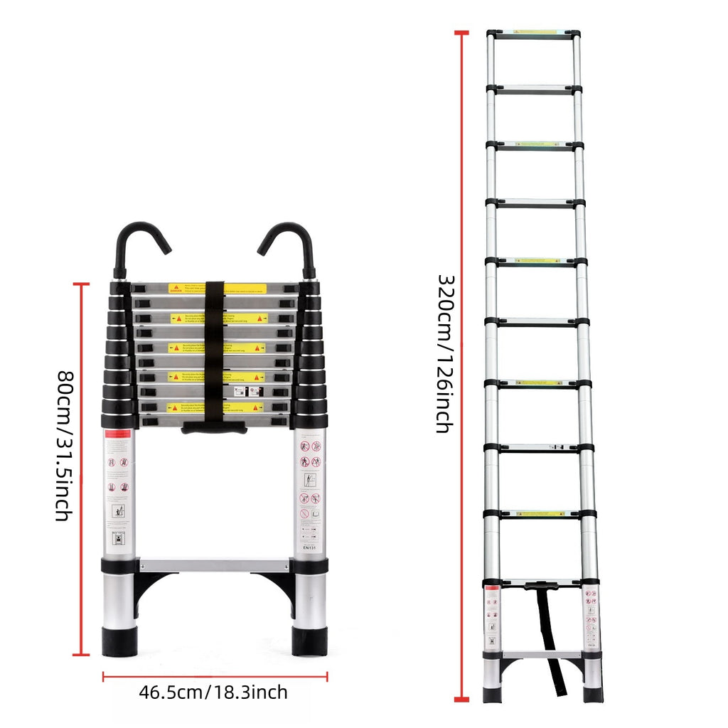 Telescoping Extension Ladder, 10.5 ft Aluminum Folding Ladder With Hooks, 330 lb Capacity, Antique Silver