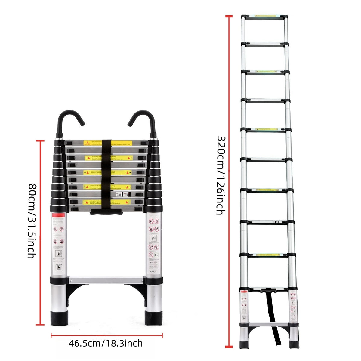 Telescoping Extension Ladder, 10.5 ft Aluminum Folding Ladder With Hooks, 330 lb Capacity, Antique Silver