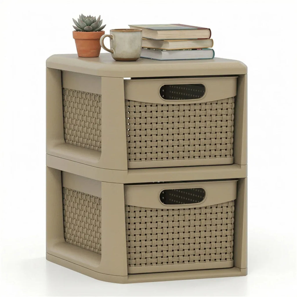 2-Drawer Storage Organizer, Brown Wicker Style Plastic Narrow Cabinet for Bedroom, Bathroom, and Home Office, 13 x 10 x 14 Inches