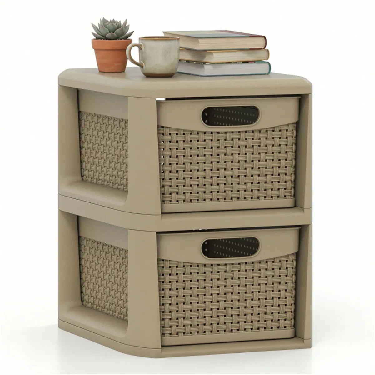 2-Drawer Storage Organizer, Brown Wicker Style Plastic Narrow Cabinet for Bedroom, Bathroom, and Home Office, 13 x 10 x 14 Inches