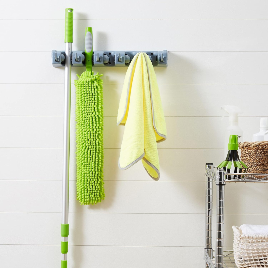 Wall Mount Broom and Mop Holder, Gray Plastic Tool Organizer With Slots and Hooks for Garage, Laundry, or Kitchen