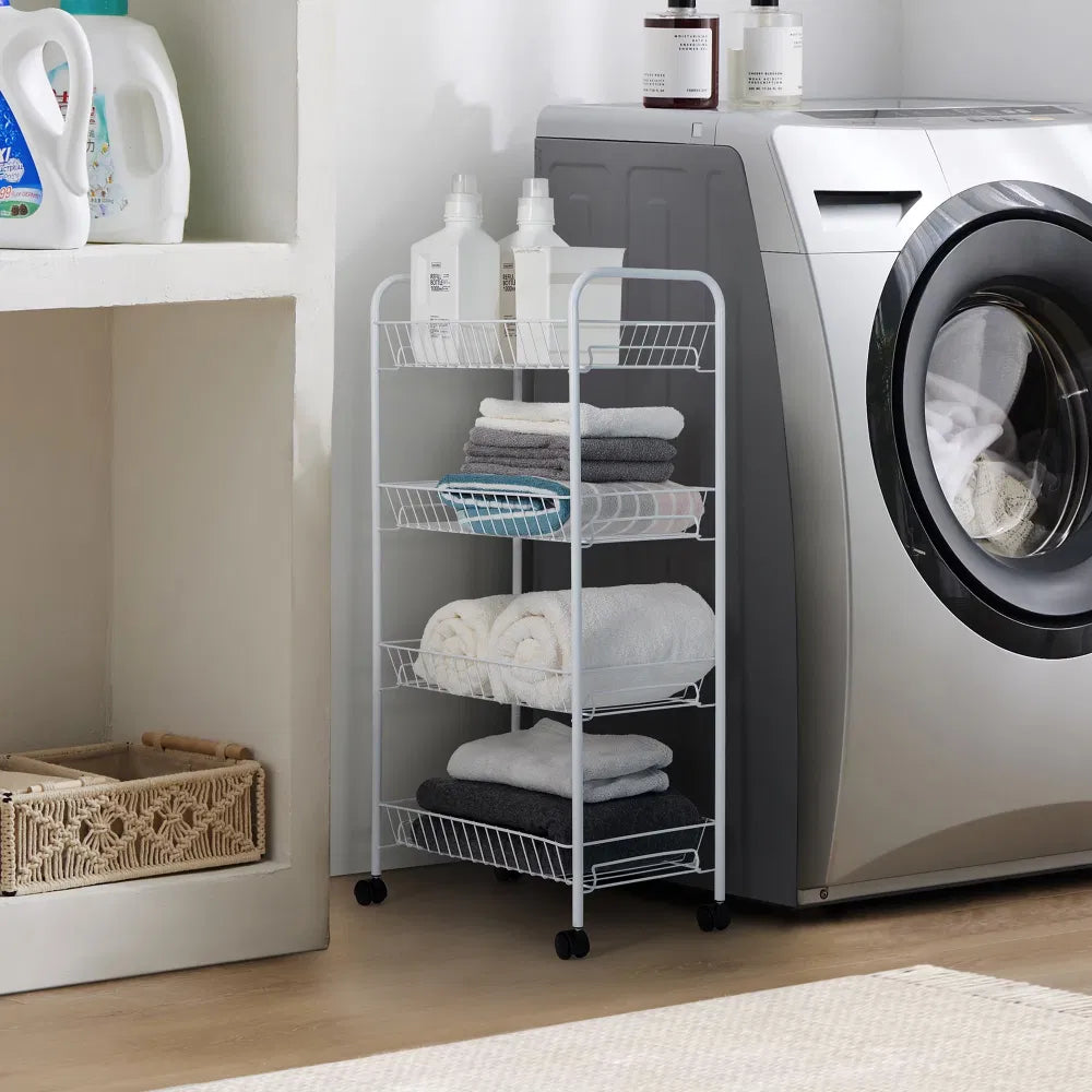 Rolling 4-Tier Metal Storage Cart, White Wire Basket Utility Cart for Laundry Room, Kitchen and Bathroom, 16.5" W