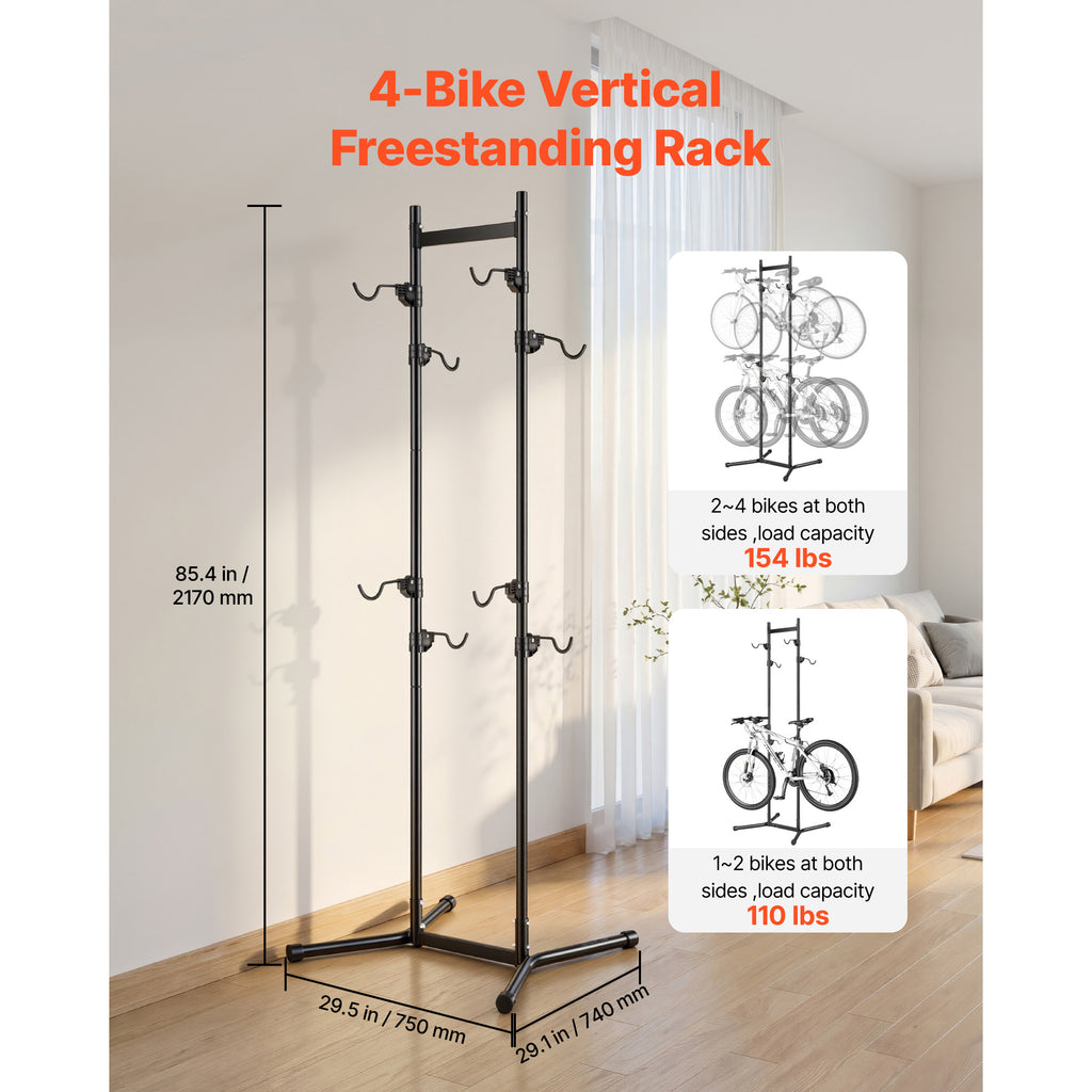 Bike Stand for 4 Bikes, Freestanding Vertical Bike Storage Rack with Height-Adjustable Hooks, Carbon Steel Garage Bicycle Floor Stand, Black