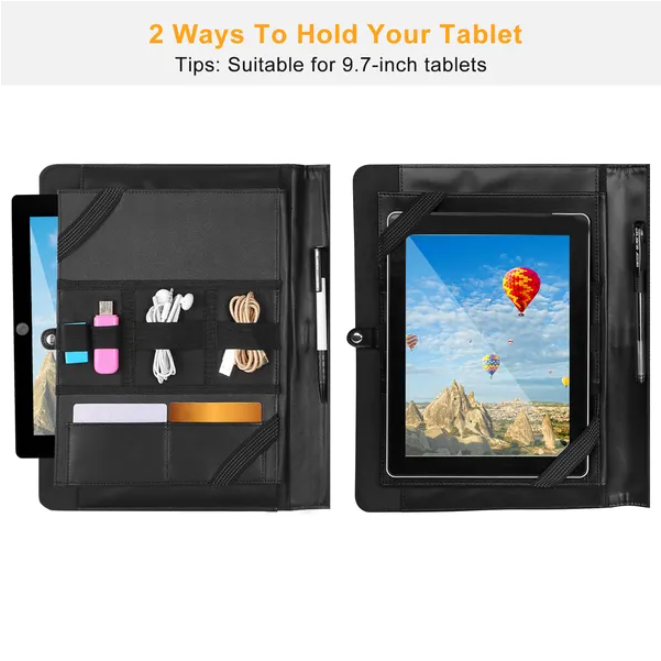 Business Portfolio Folder, Black Leather Document Organizer With Tablet Holder, Pen Loop, Card Slots and File Pocket