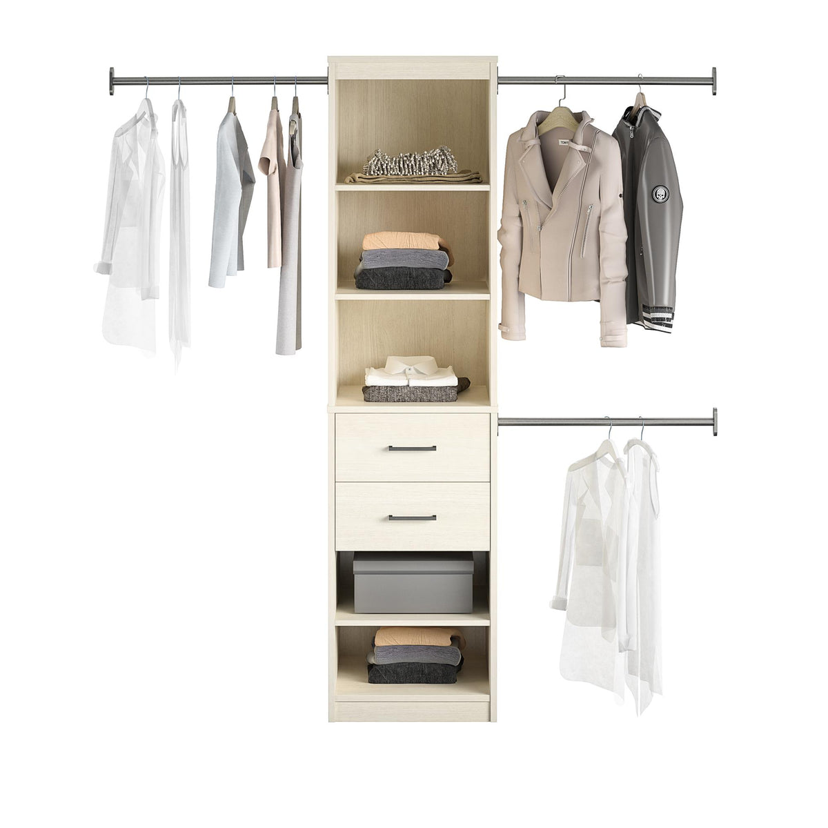 Closet Organizer Tower With 5 Shelves, 2 Drawers and 3 Adjustable Hanging Rods, Ivory Woodgrain