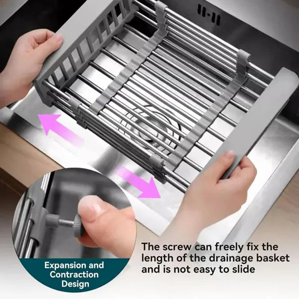 Adjustable Over the Sink Dish Drying Rack, Stainless Steel Expandable Drain Basket for Dishes and Produce