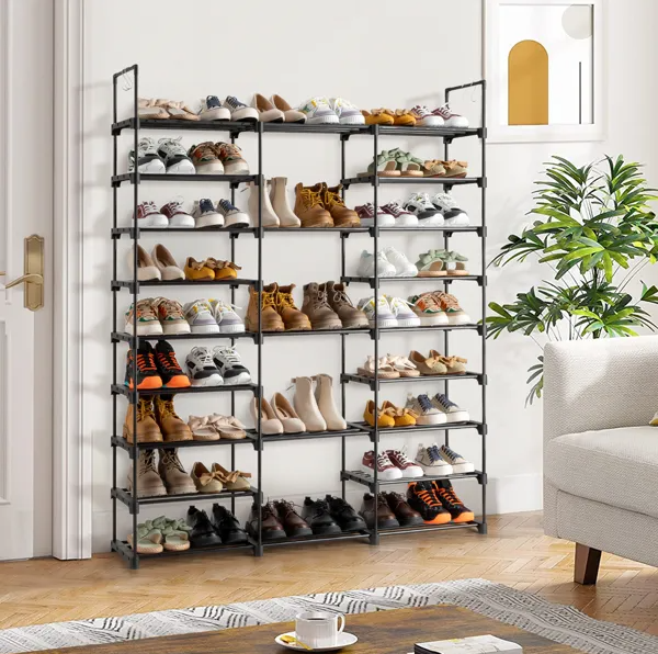 9 Tier Shoe Rack Storage Organizer, Black Metal and Plastic Shoe Shelf for Entryway and Closet, Holds 50-55 Pairs, 2 Hooks