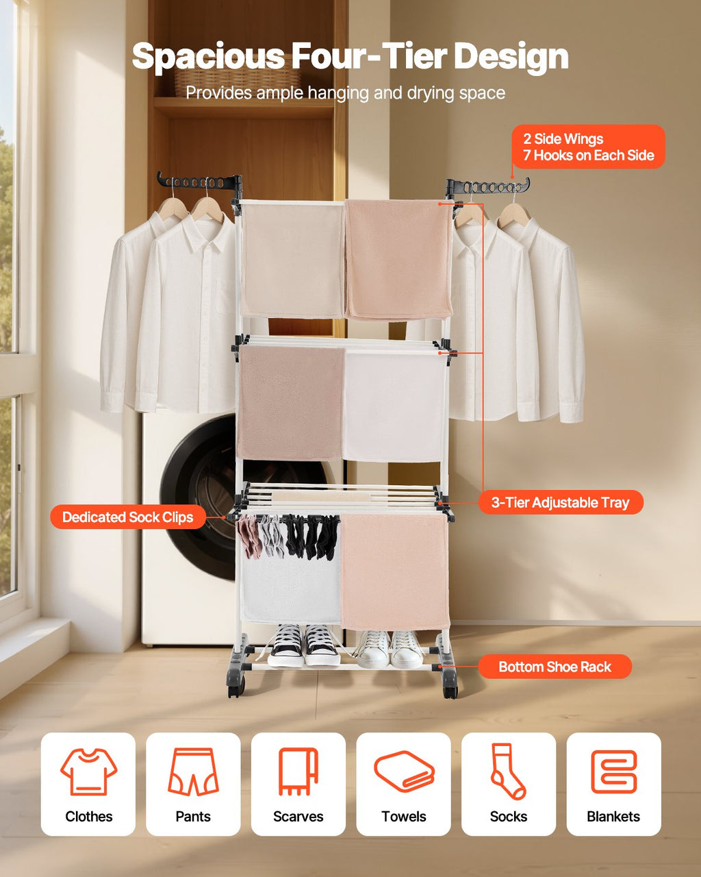 4-Tier Clothes Drying Rack, Foldable Laundry Rack With 24 Drying Rods, 2 Side Wings and 4 Swivel Casters, Metal and Plastic