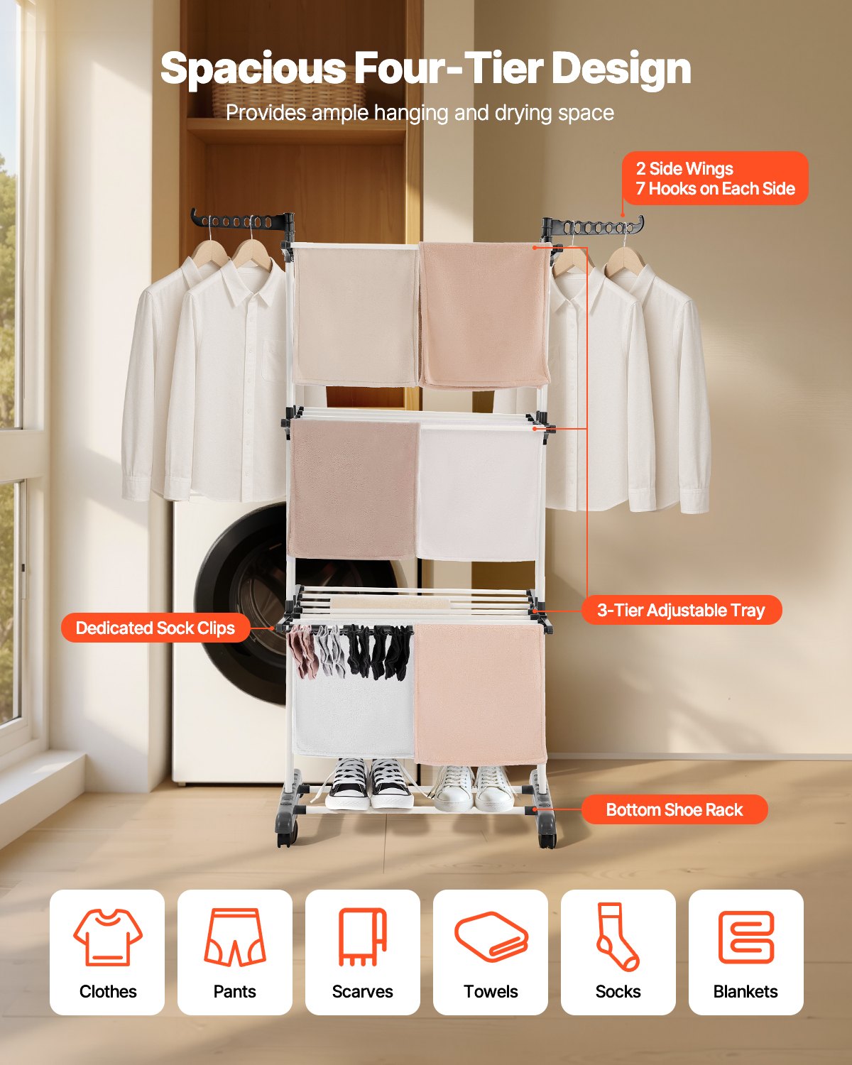 4-Tier Clothes Drying Rack, Foldable Laundry Rack With 24 Drying Rods, 2 Side Wings and 4 Swivel Casters, Metal and Plastic