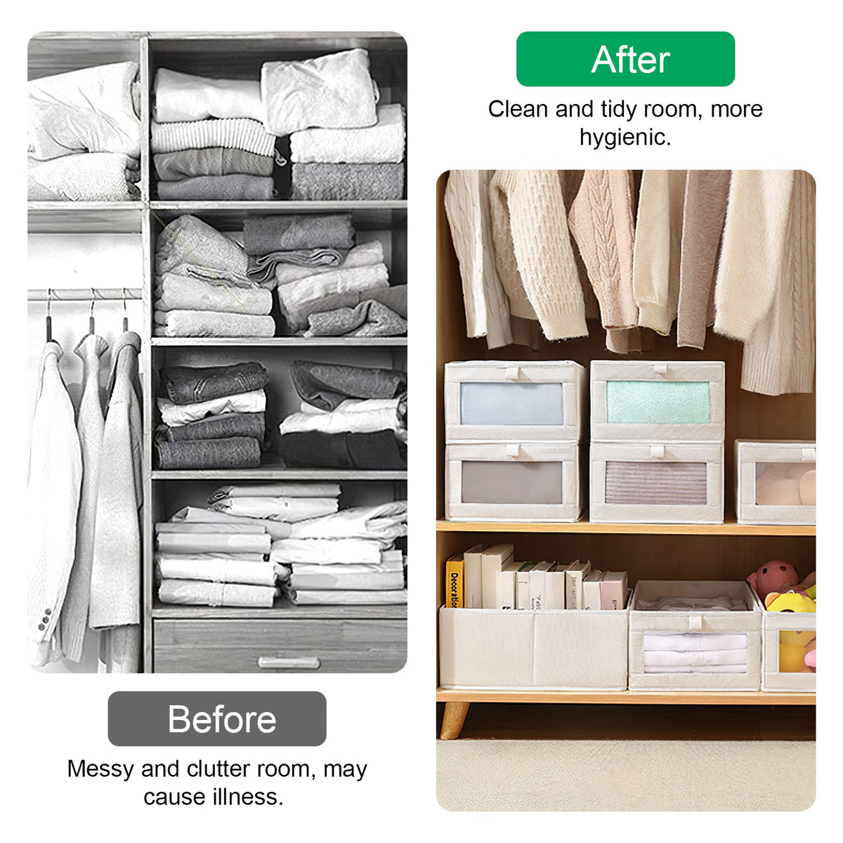 Foldable Linen Closet Storage Bins With Clear Window, Set of 4, Beige Fabric Shelf Organizers, 16.14 x 10.82 x 6.49 in