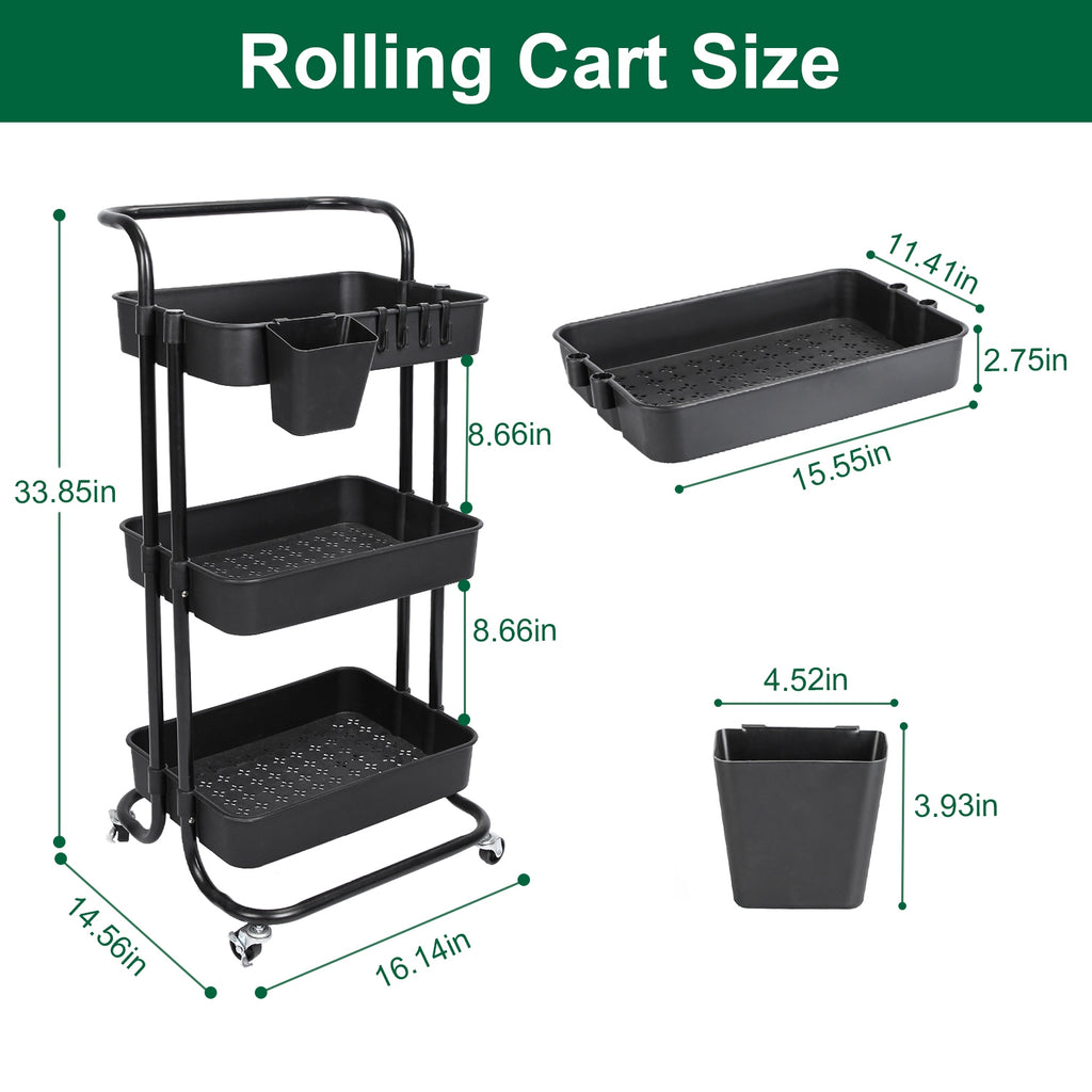 3-Tier Rolling Utility Cart With Mesh Baskets, Hanging Box and 4 Hooks, Lockable 360-Degree Wheels, Black or White
