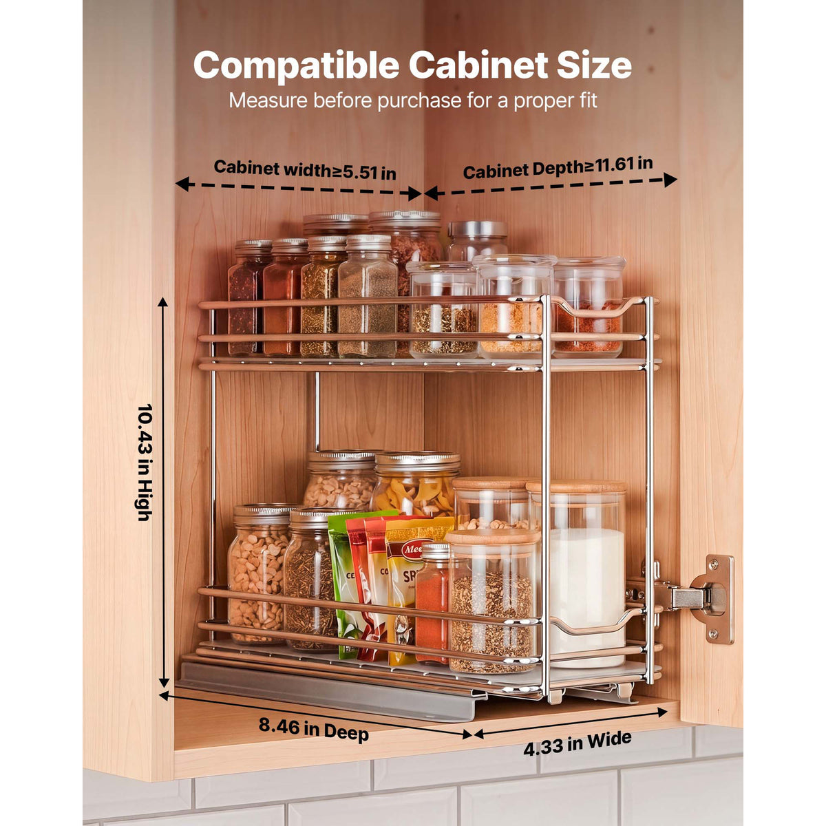 Pull Out Spice Rack Organizer for Cabinet, 2 Tier Slide Out Metal Seasoning Basket, Silver, 4.33" W x 8.46" D x 10.43" H