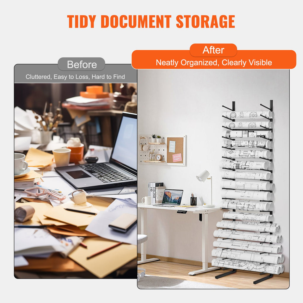 Blueprint Storage Rack, 16-Tier Black Metal Poster and Roll File Holder, Wall-Mounted or Freestanding Plan Rack for Office