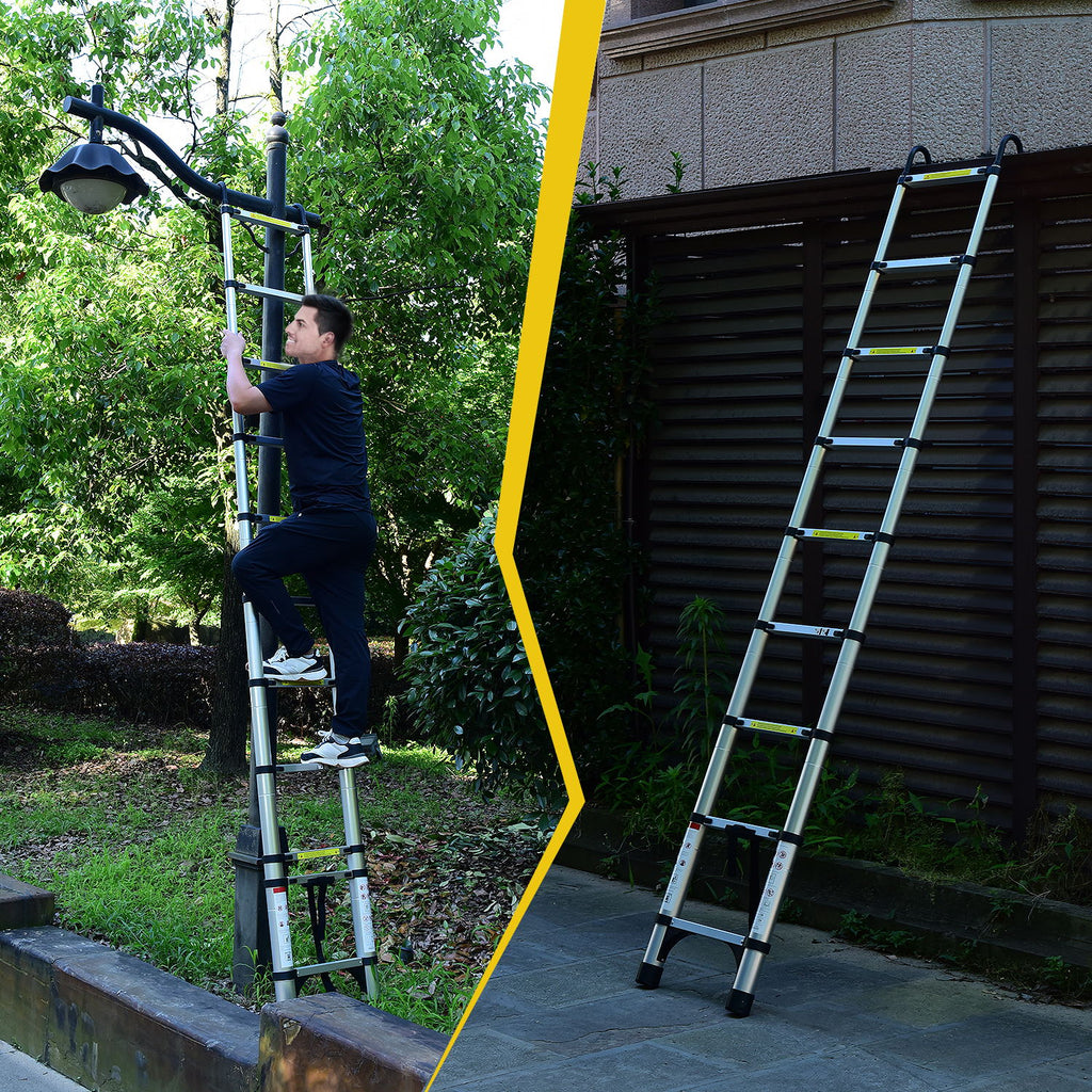 Telescoping Extension Ladder, 10.5 ft Aluminum Folding Ladder With Hooks, 330 lb Capacity, Antique Silver