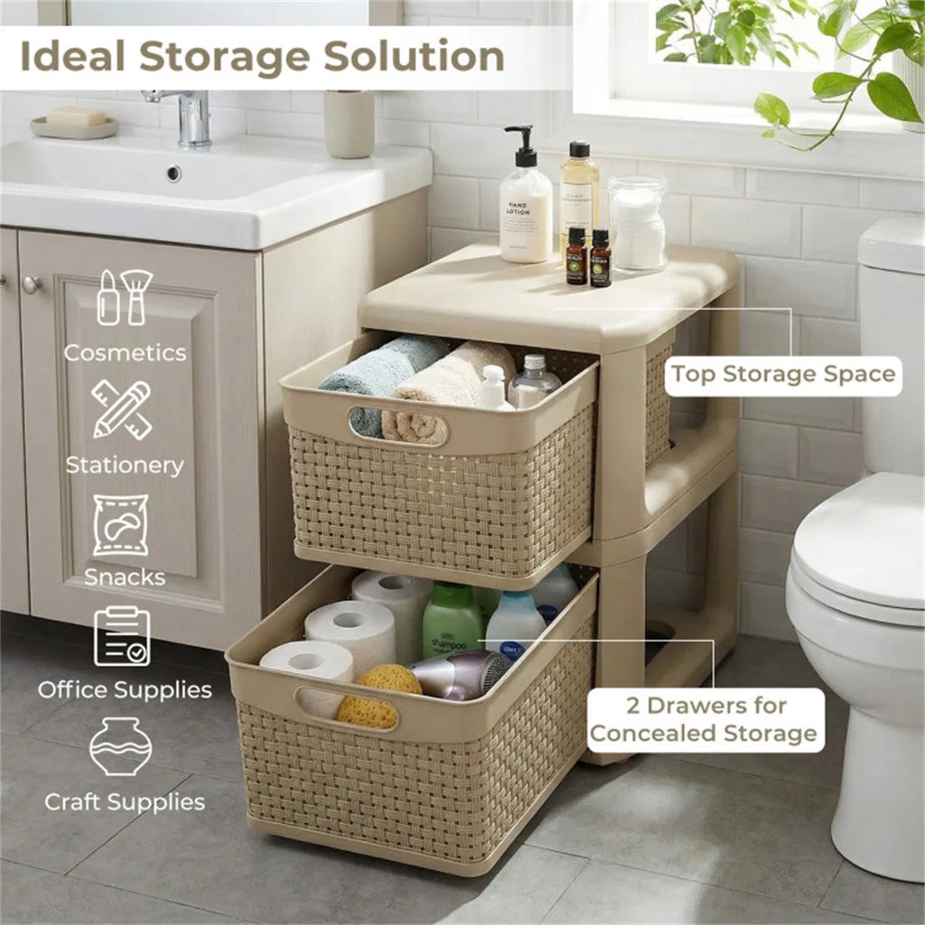 2-Drawer Storage Organizer, Brown Wicker Style Plastic Narrow Cabinet for Bedroom, Bathroom, and Home Office, 13 x 10 x 14 Inches