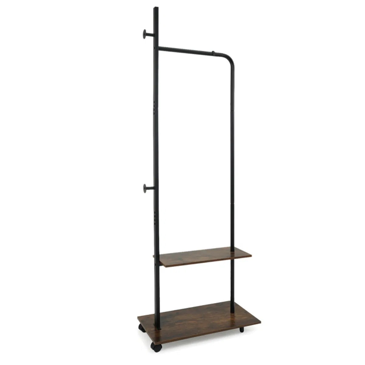 Rolling Clothing Rack with 2 Wooden Shelves and Side Hooks, Freestanding Garment Rack, Rustic Brown and Black, 69 Inch