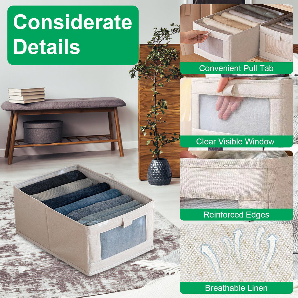 Foldable Linen Closet Storage Bins With Clear Window, Set of 4, Beige Fabric Shelf Organizers, 16.14 x 10.82 x 6.49 in