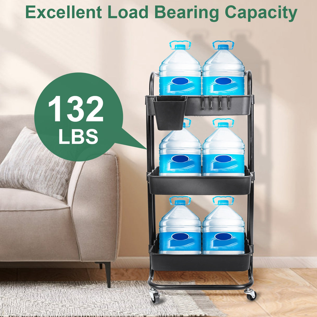 3-Tier Rolling Utility Cart With Mesh Baskets, Hanging Box and 4 Hooks, Lockable 360-Degree Wheels, Black or White