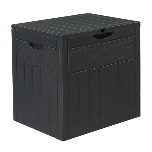 Outdoor Storage Box, 33 Gallon Dark Gray Plastic Deck Box With Wood and Rattan Texture, Clamshell Lid