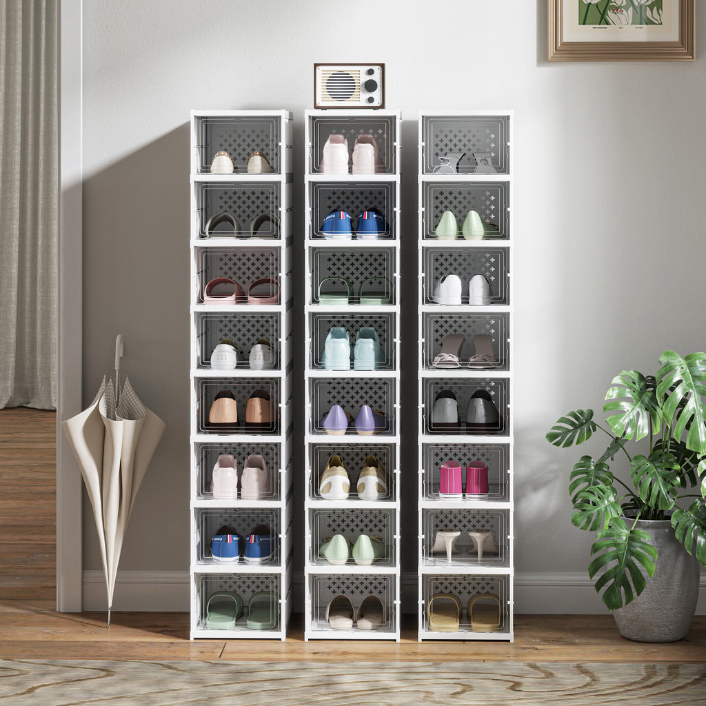 Stackable Shoe Storage Boxes, 8 Pack Foldable Shoe Organizer with Clear Drop Front Door, White, No Assembly, Fits Men's Size 10