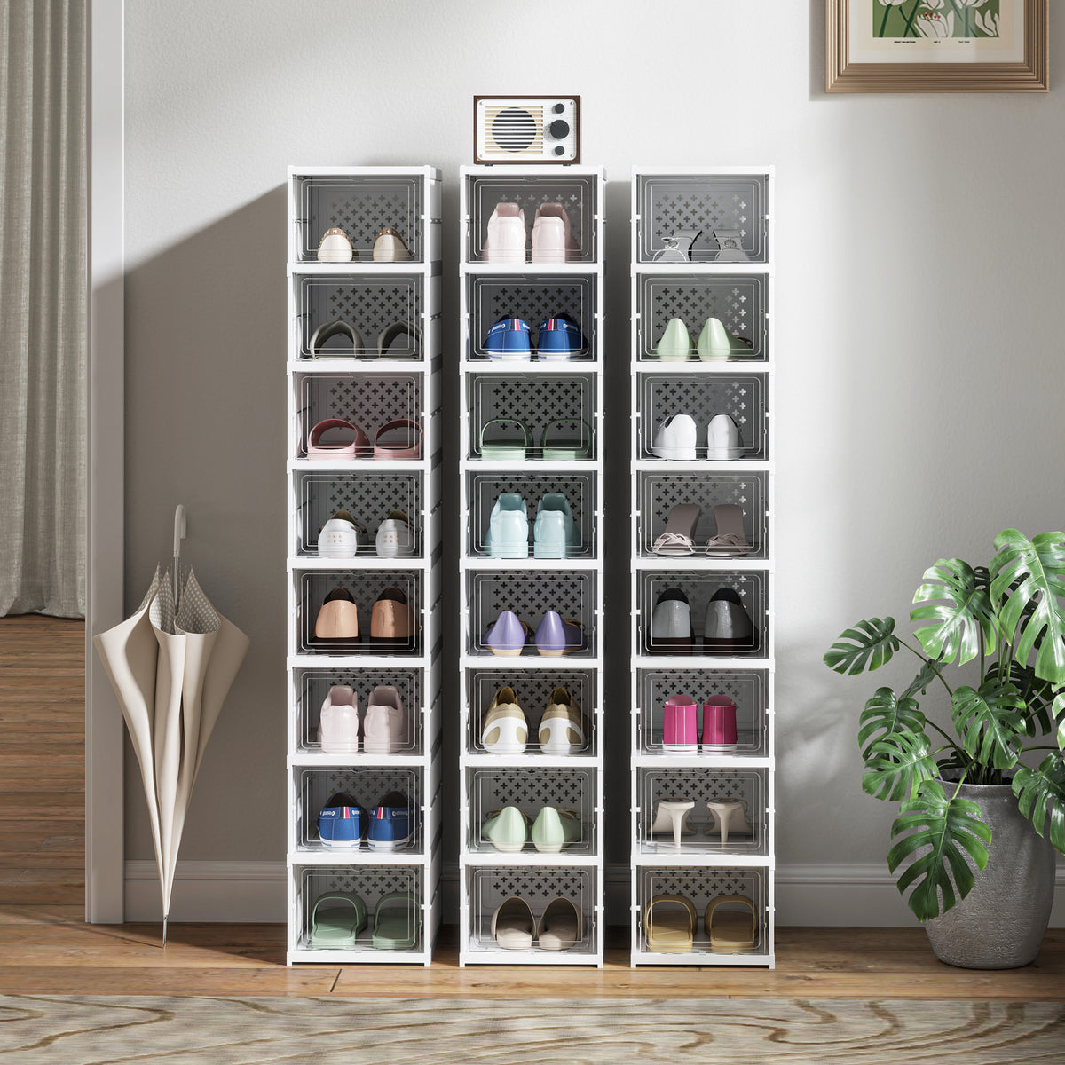Stackable Shoe Storage Boxes, 8 Pack Foldable Shoe Organizer with Clear Drop Front Door, White, No Assembly, Fits Men's Size 10