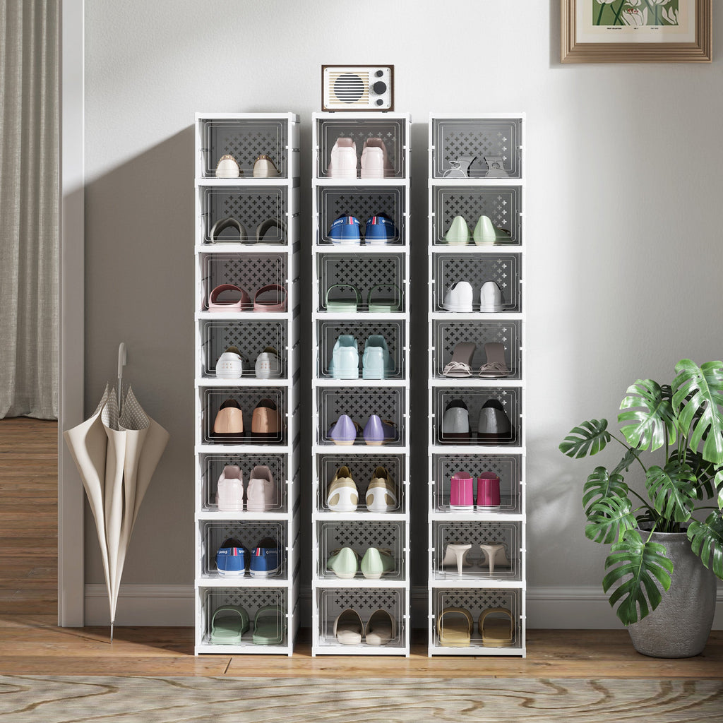 Stackable Shoe Storage Boxes, 8 Pack Foldable Shoe Organizer with Clear Drop Front Door, White, No Assembly, Fits Men's Size 10